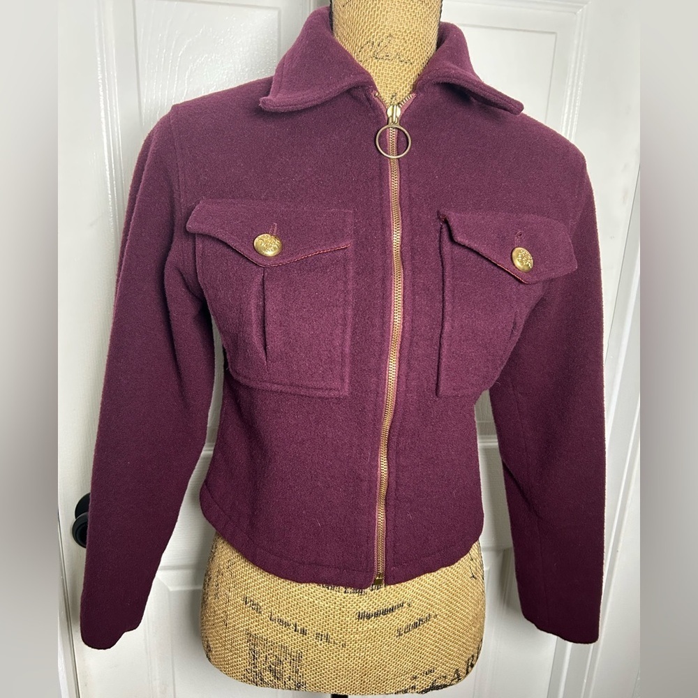 Ashley Schott Burgundy Wool Utility Jacket Vintage 90s cropped military style - Picture 2 of 5